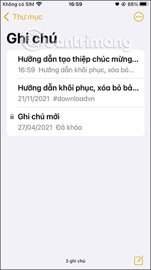 Danh sách ghi chú trên iPhone