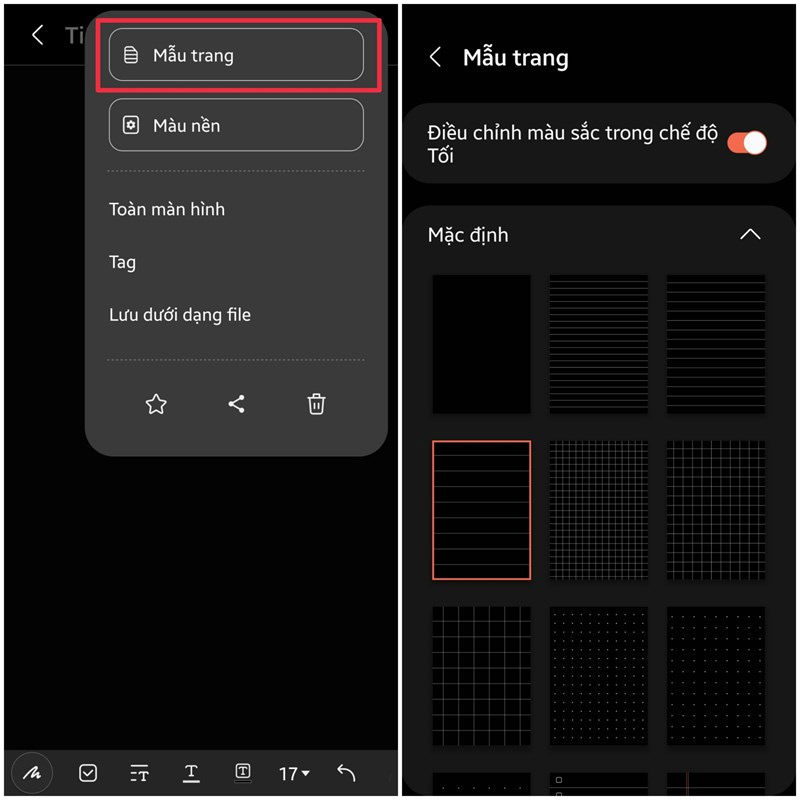 Chọn mẫu trang ghi chú trong Samsung Notes