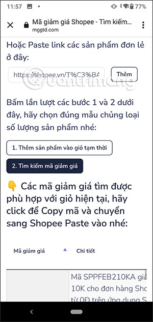 Hiện mã sản phẩm giảm giá Shopee