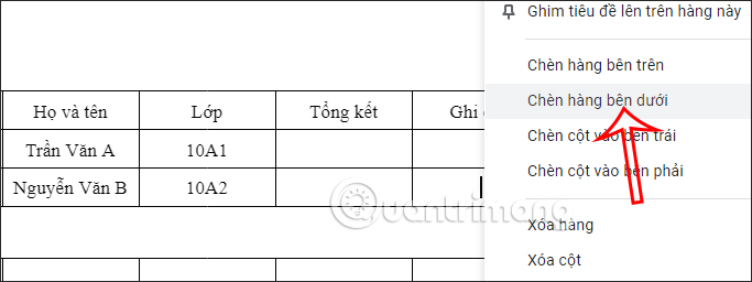 Chèn 1 hàng trong bảng đầu tiên 