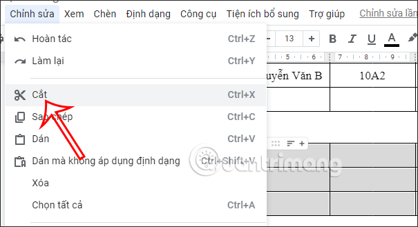 Cắt bảng thứ 2