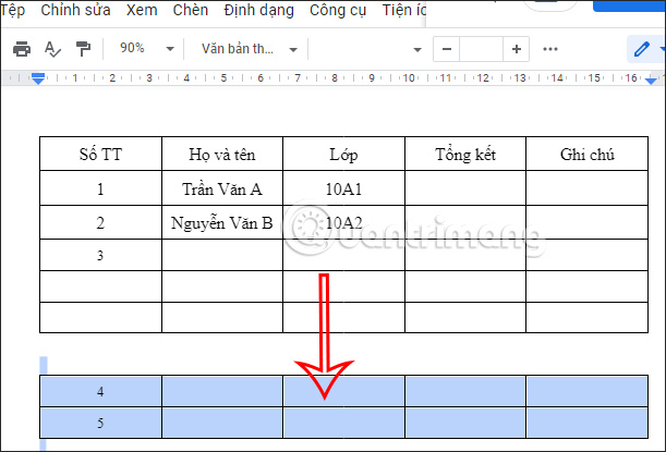 Tách bảng trong Docs