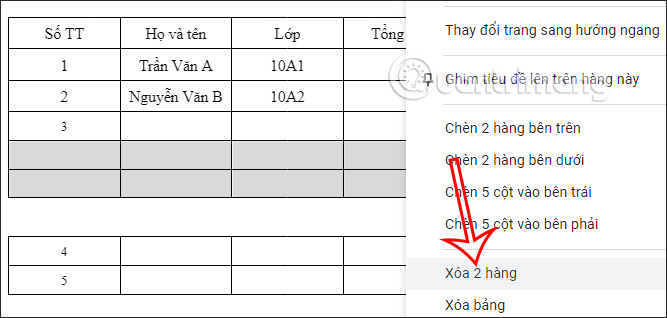 Xóa hàng thừa trong bảng 
