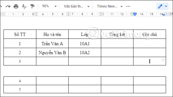 Tách 1 bảng thành 2 trong Docs