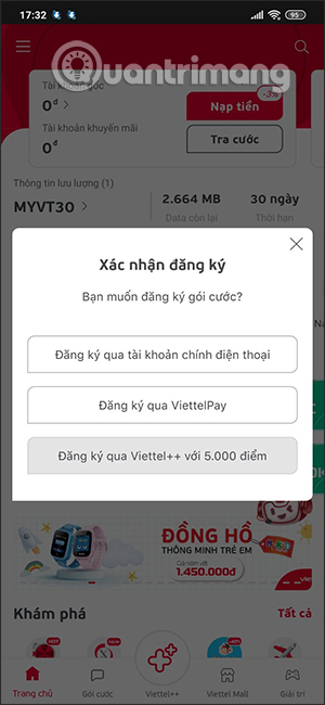Đăng ký cước trên My Viettel