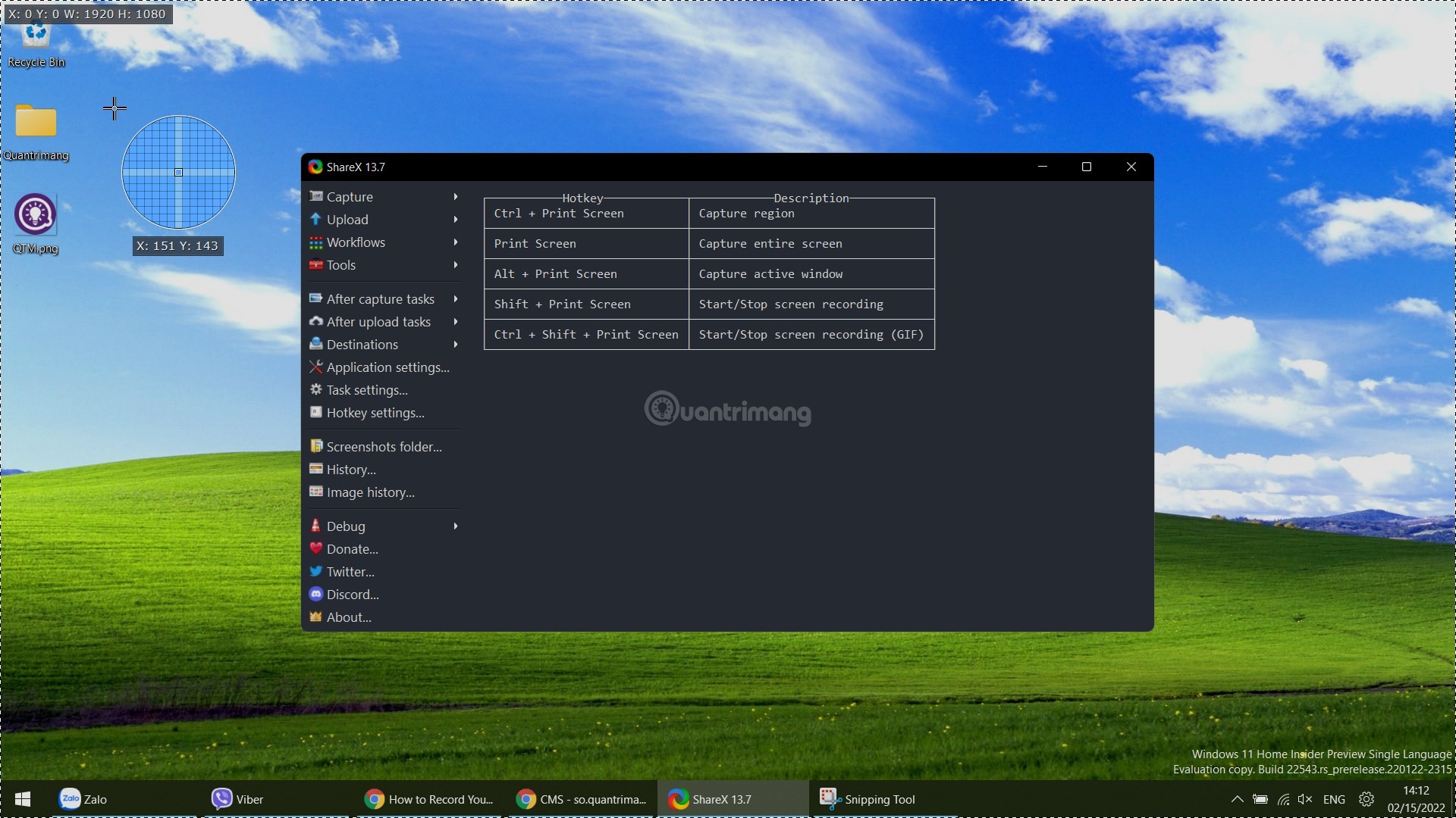 Chọn khu vực muốn quay