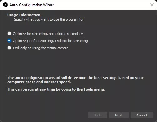 Lựa chọn khi mở OBS Studio
