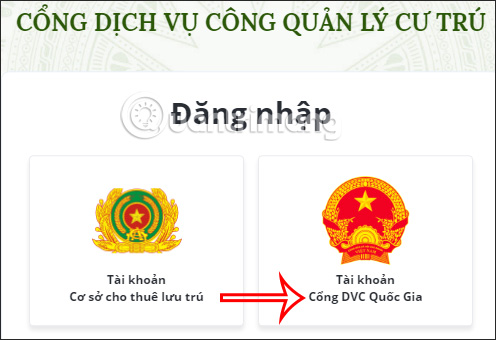 Chọn tài khoản Cổng dịch vụ công quốc gia 