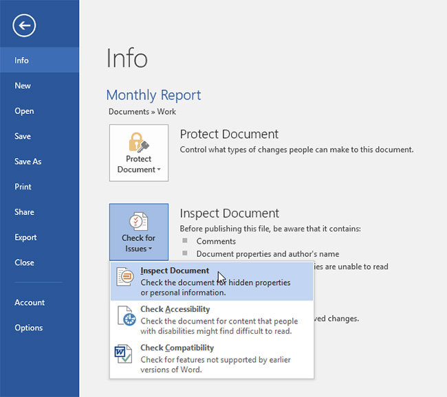 Chọn Inspect Document