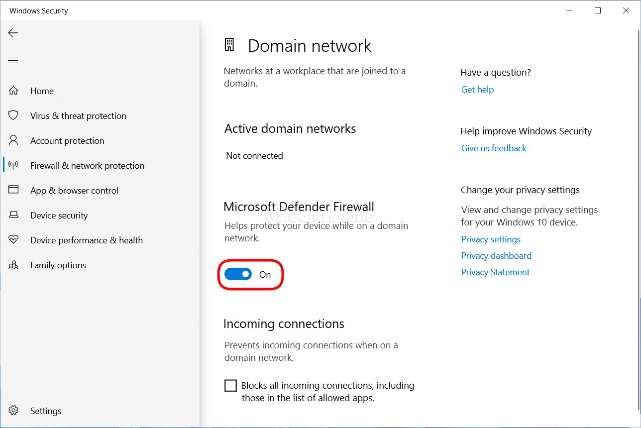 gạt công tắc ở phần Microsoft Defender Firewall từ On sang Off