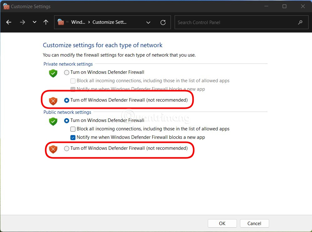 nhấn vào Turn of Windows Defender Firewall (not recommended)