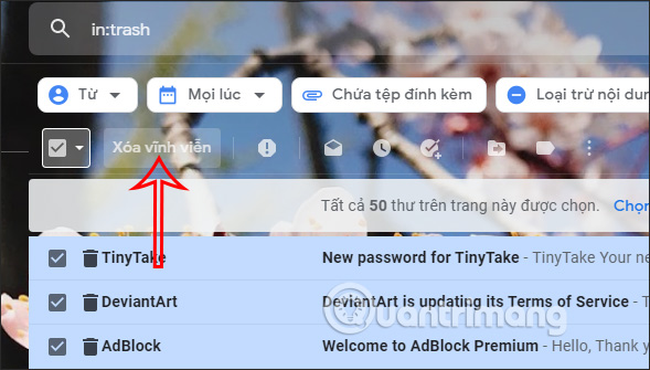 Xóa email trong thúng rác Gmail