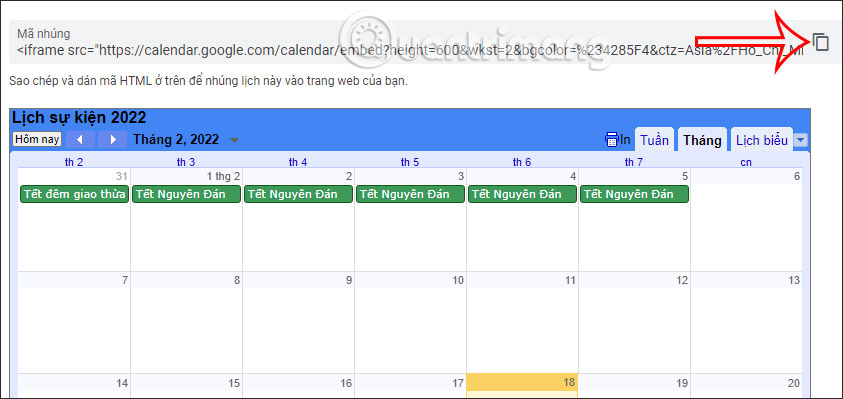 Nhúng lịch Google Calendar
