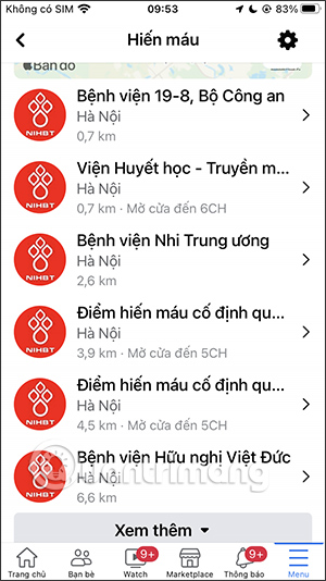 Tìm vị trí hiến máu trên Facebook