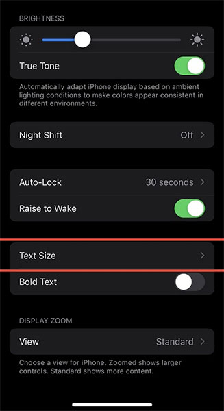  Bấm chọn mục “Text Size” 