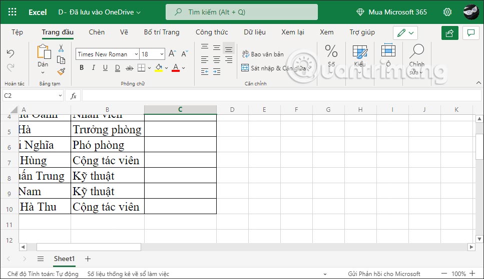 Định dạng nội dung trong Excel Online