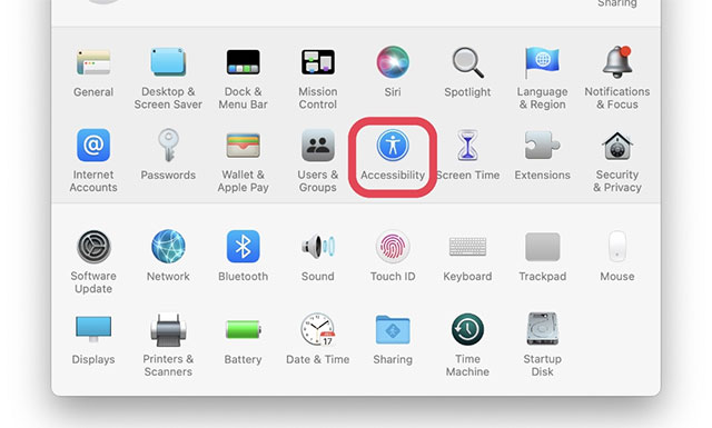 Nhấp vào mục Accessibility