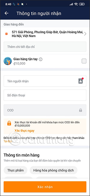 Thông tin người nhận hàng