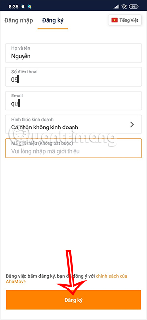 Đăng ký tài khoản AhaMove