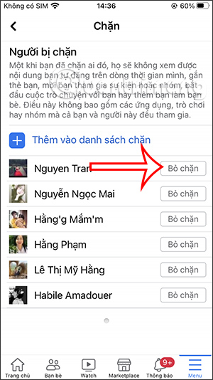 Bỏ chặn Facebook