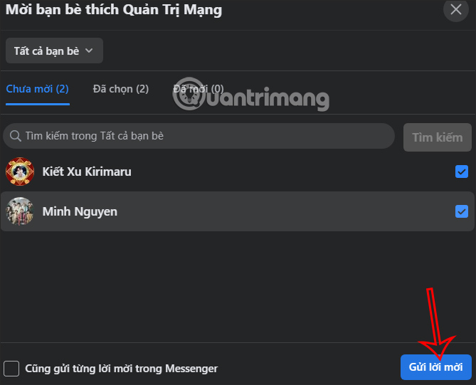 Chọn bạn bè mời thích Fanpage Facebook PC