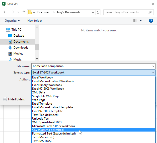 Menu drop-down Save as type: