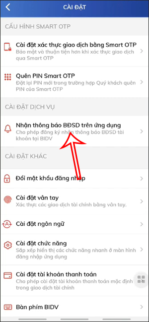 Nhận thông báo BĐSD trên BIDV Smartbanking