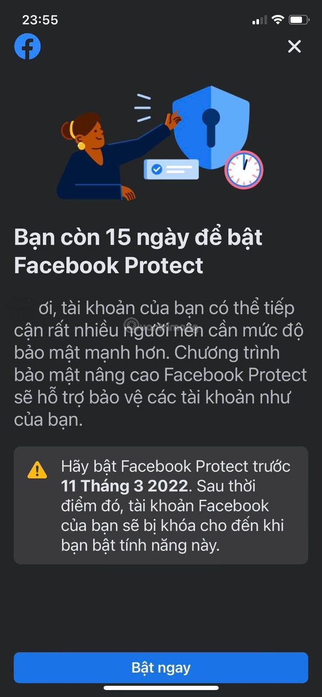 Thông báo "ép" tham gia chương trình Facebook Protect