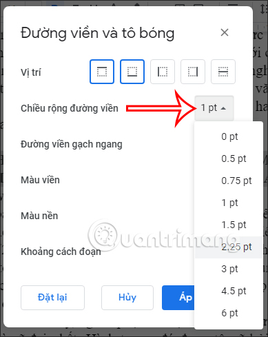 Chiều rộng đường viền đoạn văn trong Google Docs