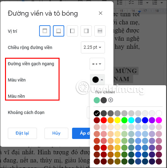 Giao diện đường viền đoạn văn trong Google Docs