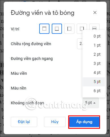 Khoảng cách đường viền đoạn văn trong Google Docs