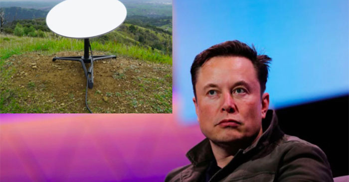 Elon Musk và thiết bị thu sóng vệ tinh hình đĩa bay. Ảnh: Reuters