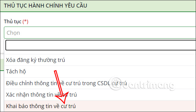 Chọn khai báo thông tin về cư trú