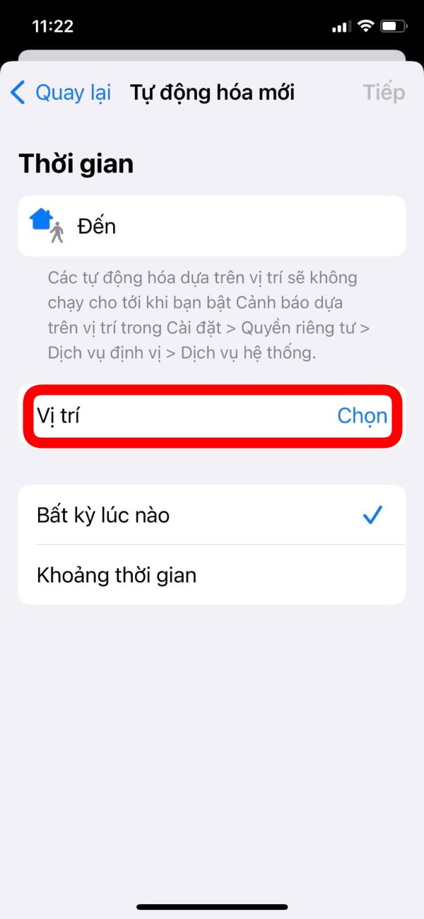 Nhấn vào Vị trí (Location) rồi chọn vị trí mà bạn muốn cài đặt