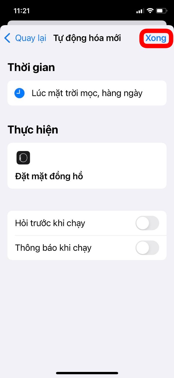 Sau khi chọn xong mặt đồng hồ, bạn nhấn Tiếp (Next) rồi nhấn Xong (Done) để xác nhận cài đặt