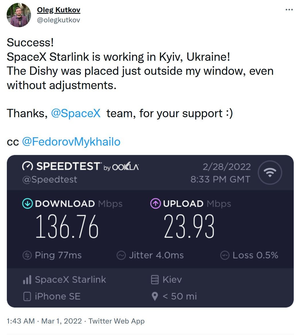 Tốc độ internet vệ tinh Starlink của Elon Musk
