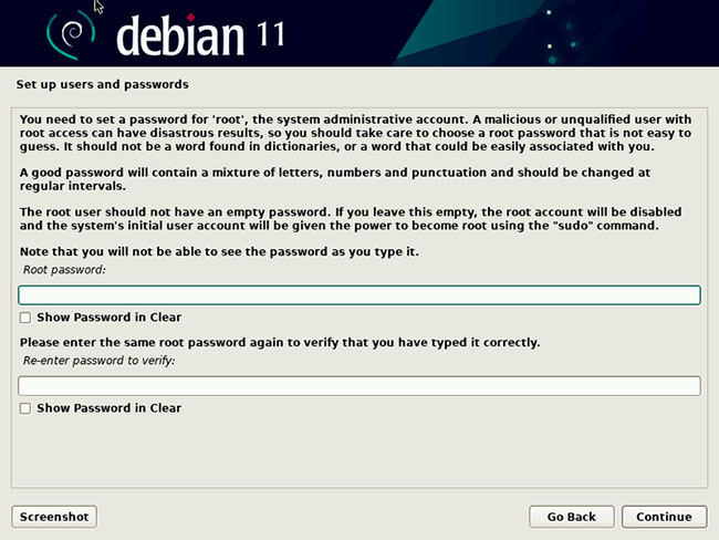 Menu cài đặt mật khẩu root Debian