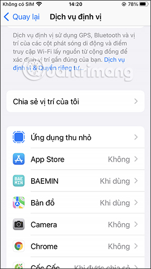 Chọn ứng dụng dùng định vị