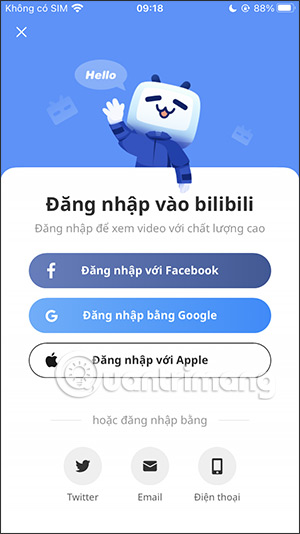 Tùy chọn đăng nhập Bilibili