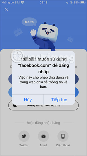 Dùng Facebook đăng nhập Bilibili