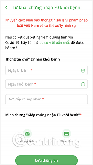 Giao diện điền thông tin chứng nhận hết F0