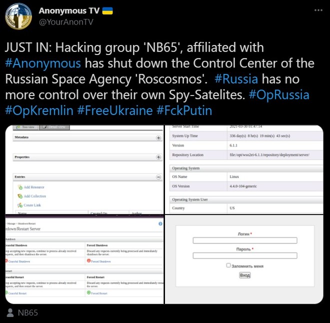 Anonymous tuyên bố vệ tinh do thám của Nga bị hack