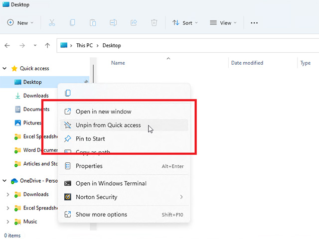 Unpin from Quick access
