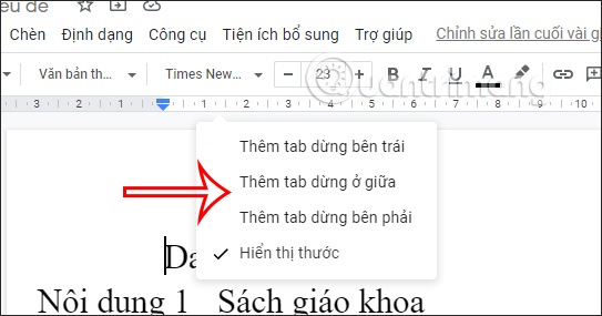 Thêm điểm dừng tab trong thước kẻ Docs