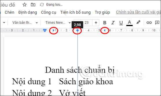Chọn điểm dừng tab trong thước kẻ Docs