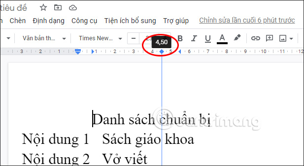 Chỉnh vị trí điểm dừng tab trong thước kẻ Docs