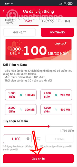Xác nhận số điểm đổi Viettel++