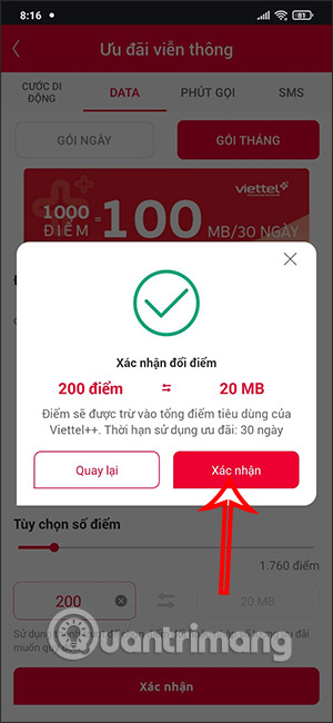 Dung lượng data đổi từ Viettel++