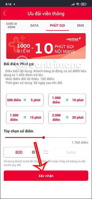 Đổi điểm Viettel sang số phút