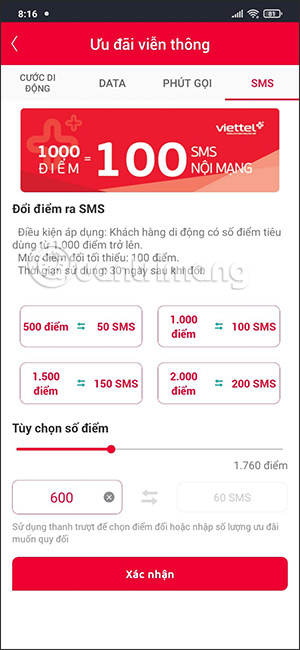 Đổi điểm Viettel sang SMS